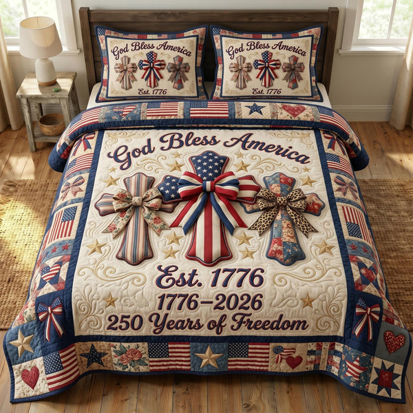 God Bless America quilted 3-piece bedding set on a made bed in a warmly lit bedroom