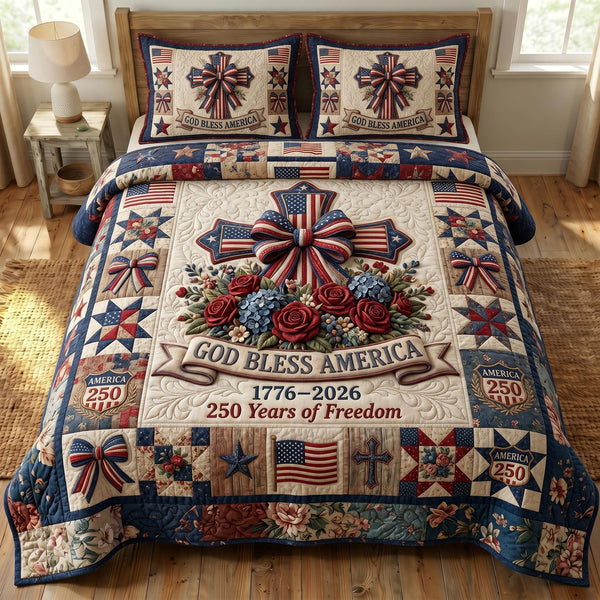 God Bless America quilted 3-piece bedding set on a made bed in a warmly lit bedroom