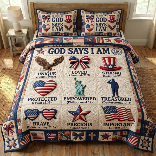 God Bless America quilted 3-piece bedding set on a made bed in a warmly lit bedroom