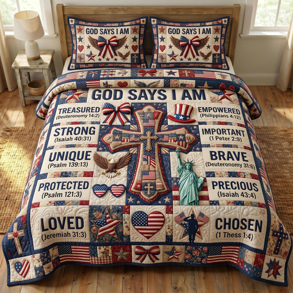 God Bless America quilted 3-piece bedding set on a made bed in a warmly lit bedroom