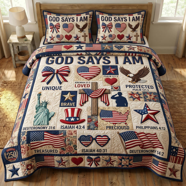 God Bless America quilted 3-piece bedding set on a made bed in a warmly lit bedroom