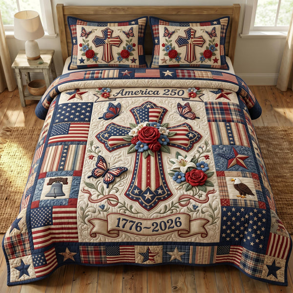 God Bless America quilted 3-piece bedding set on a made bed in a warmly lit bedroom