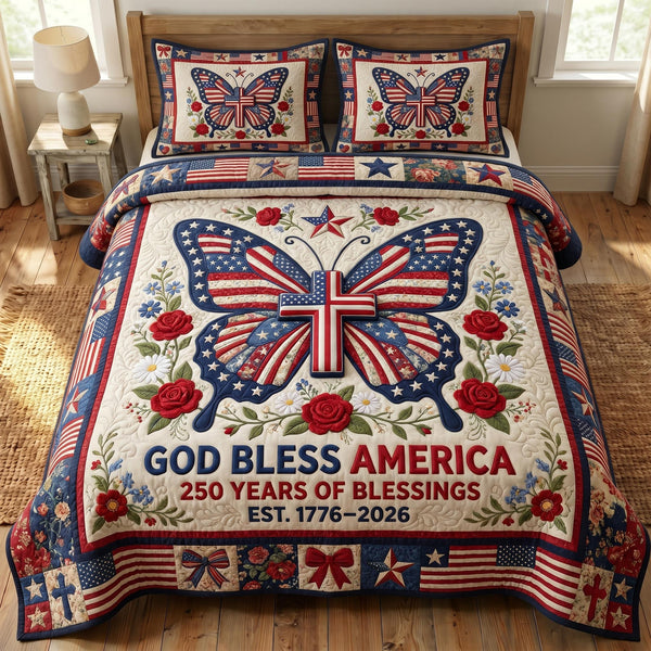 God Bless America quilted 3-piece bedding set on a made bed in a warmly lit bedroom