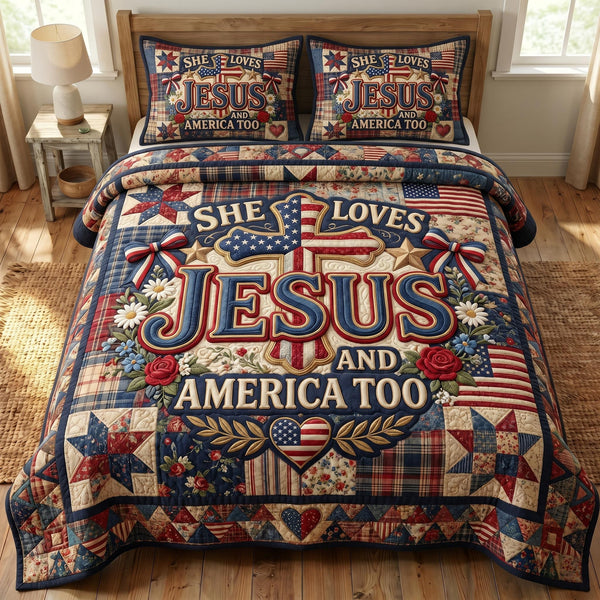 God Bless America quilted 3-piece bedding set on a made bed in a warmly lit bedroom