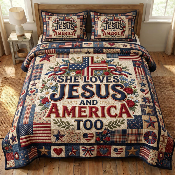 God Bless America quilted 3-piece bedding set on a made bed in a warmly lit bedroom