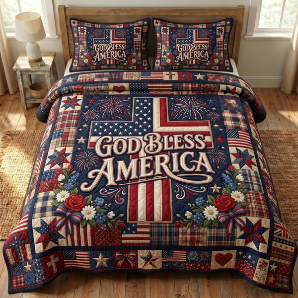 God Bless America quilted 3-piece bedding set on a made bed in a warmly lit bedroom