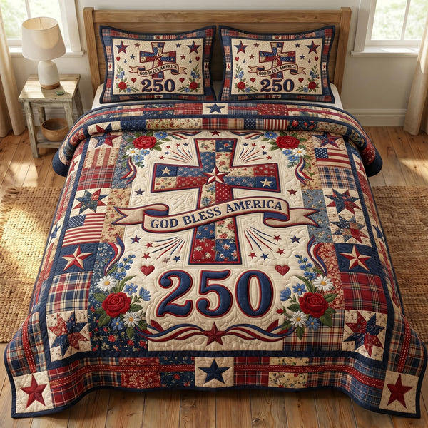 God Bless America quilted 3-piece bedding set on a made bed in a warmly lit bedroom