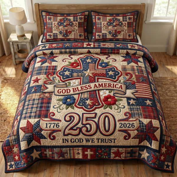 God Bless America quilted 3-piece bedding set on a made bed in a warmly lit bedroom