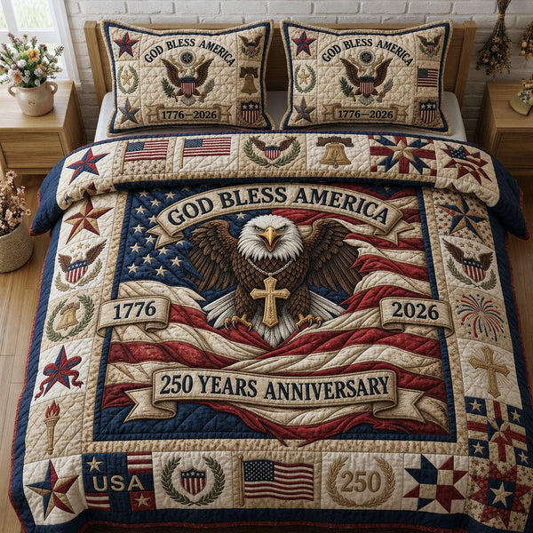 God Bless America quilted 3-piece bedding set on a made bed in a warmly lit bedroom