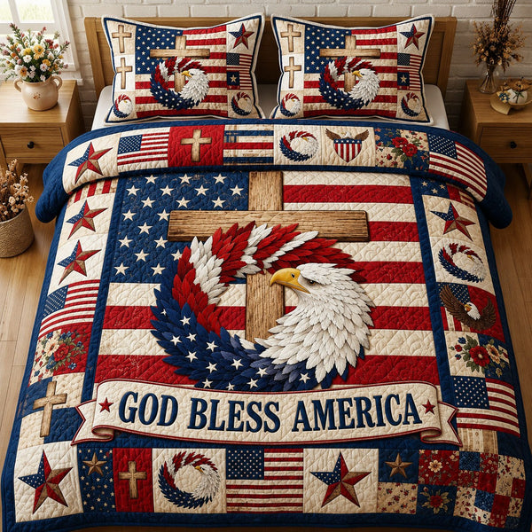 God Bless America quilted 3-piece bedding set on a made bed in a warmly lit bedroom