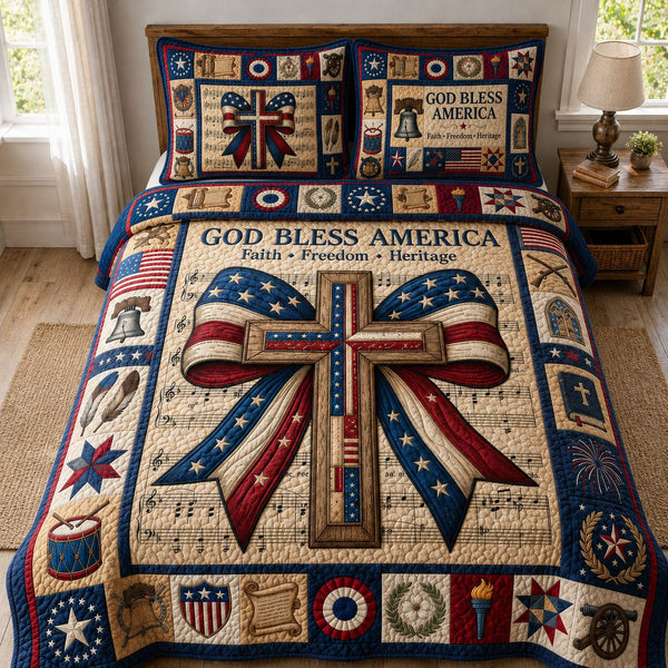 God Bless America quilted 3-piece bedding set on a made bed in a warmly lit bedroom