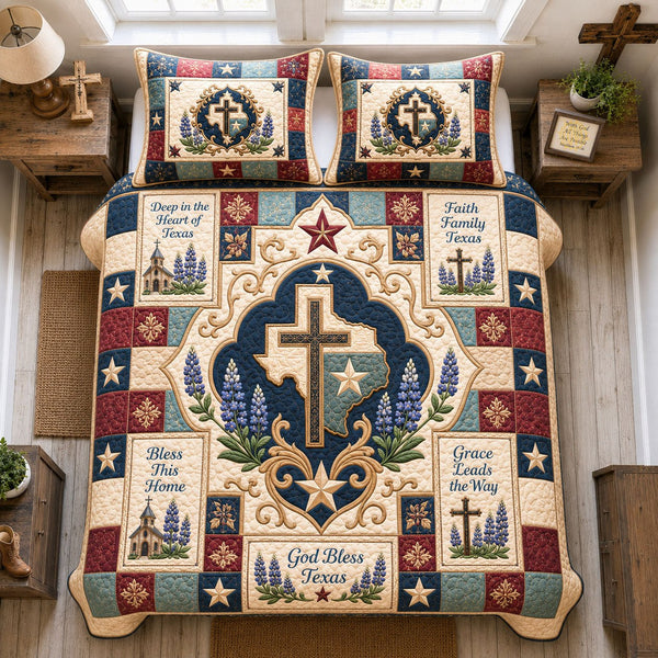 God Bless Texas Cross Medallion quilted 3-piece bedding set on a made bed in a softly lit bedroom