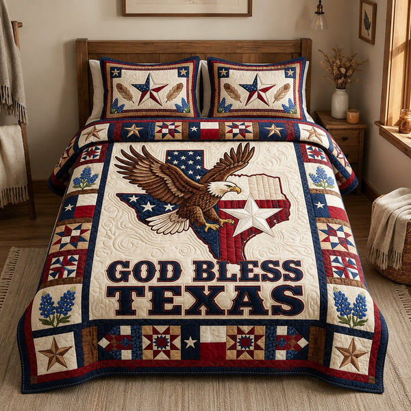 God Bless Texas quilted 3-piece bedding set on a made bed in a softly lit bedroom