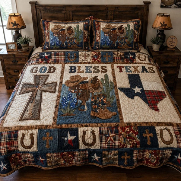 God Bless Texas quilted 3-piece bedding set on a made bed in a softly lit bedroom
