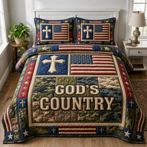 God Country quilted 3-piece bedding set on a made bed in a softly lit bedroom