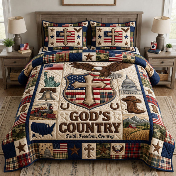 God Country quilted 3-piece bedding set on a made bed in a softly lit bedroom