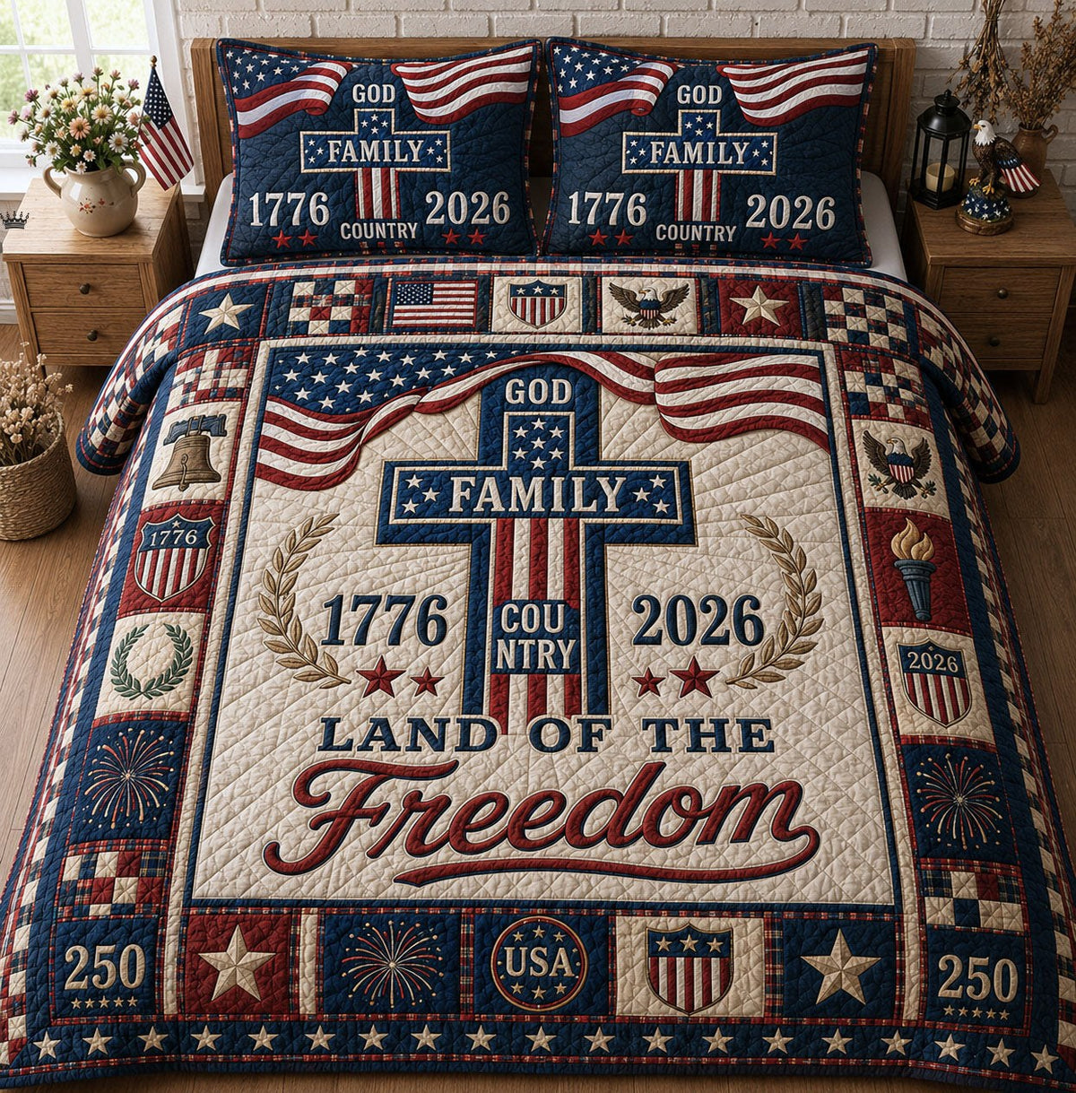 God Family God Country quilted 3-piece bedding set on a made bed in a softly lit bedroom