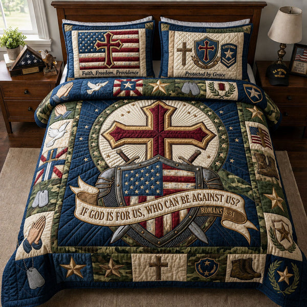 God Is For Us quilted 3-piece bedding set on a made bed in a softly lit bedroom