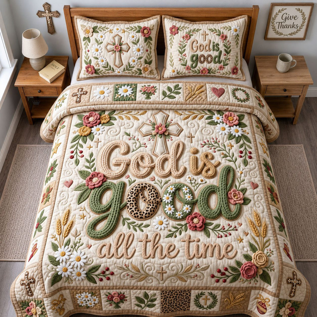 God Is Good Crochet quilted 3-piece bedding set on a made bed in a softly lit bedroom