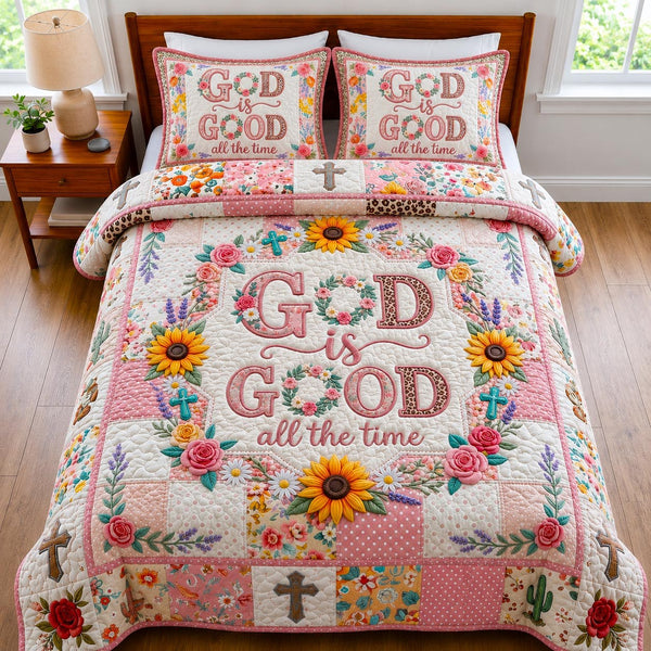 God Is Good quilted 3-piece bedding set on a made bed in a softly lit bedroom