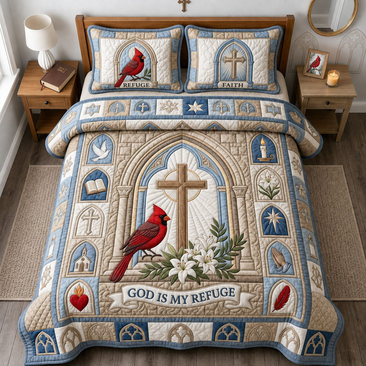 God Is My Refuse quilted 3-piece bedding set on a made bed in a softly lit bedroom