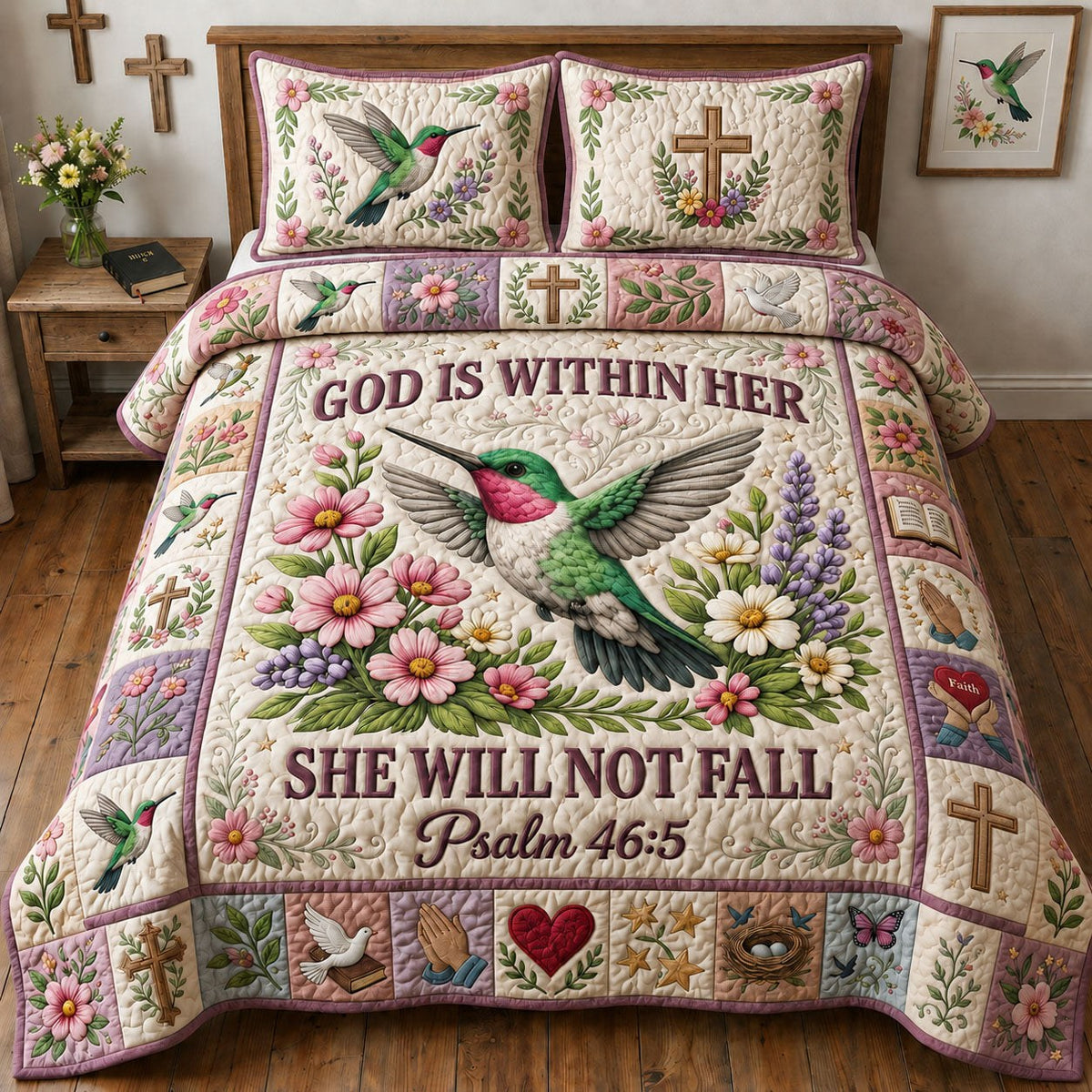 God Is Within Her quilted 3-piece bedding set on a made bed in a softly lit bedroom