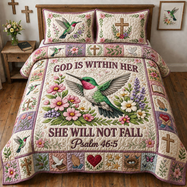 God Is Within Her quilted 3-piece bedding set on a made bed in a softly lit bedroom