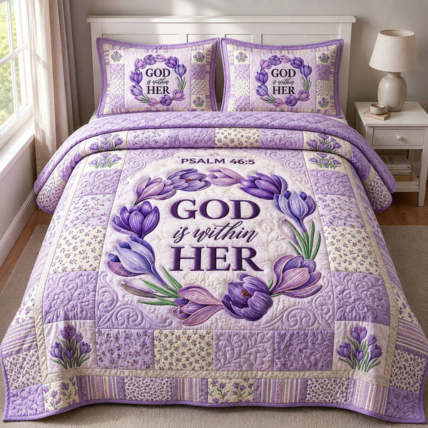 God Is Within Her quilted 3-piece bedding set on a made bed in a softly lit bedroom