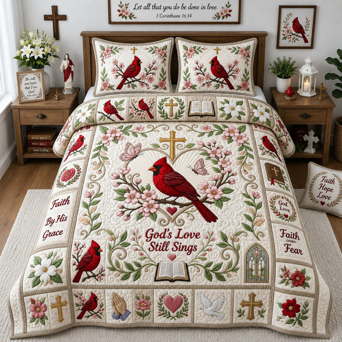 God Love Still Sings quilted 3-piece bedding set on a made bed in a softly lit bedroom