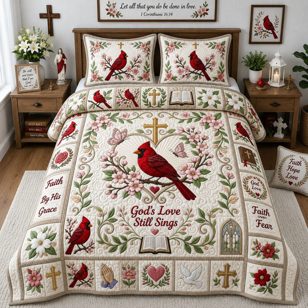God Love Still Sings quilted 3-piece bedding set on a made bed in a softly lit bedroom