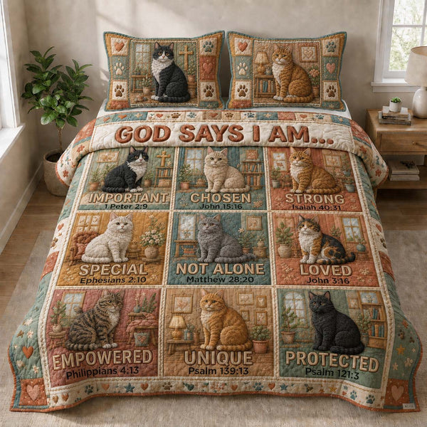 God Says I Am Cats quilted 3-piece bedding set on a made bed in a softly lit bedroom