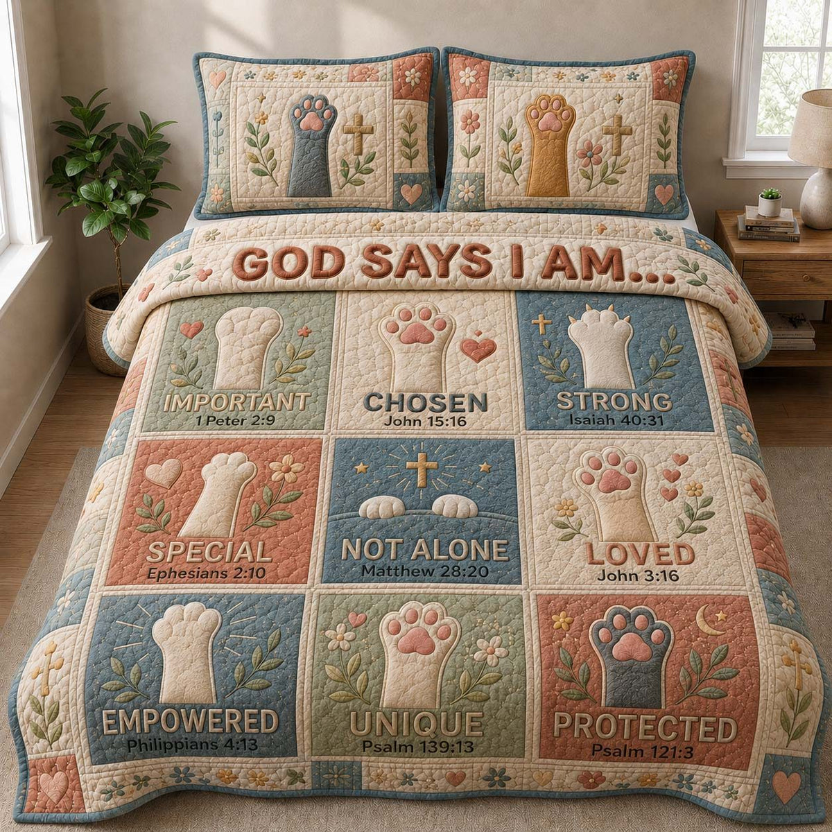 God Says I Am Paw Blessings quilted 3-piece bedding set on a made bed in a softly lit bedroom