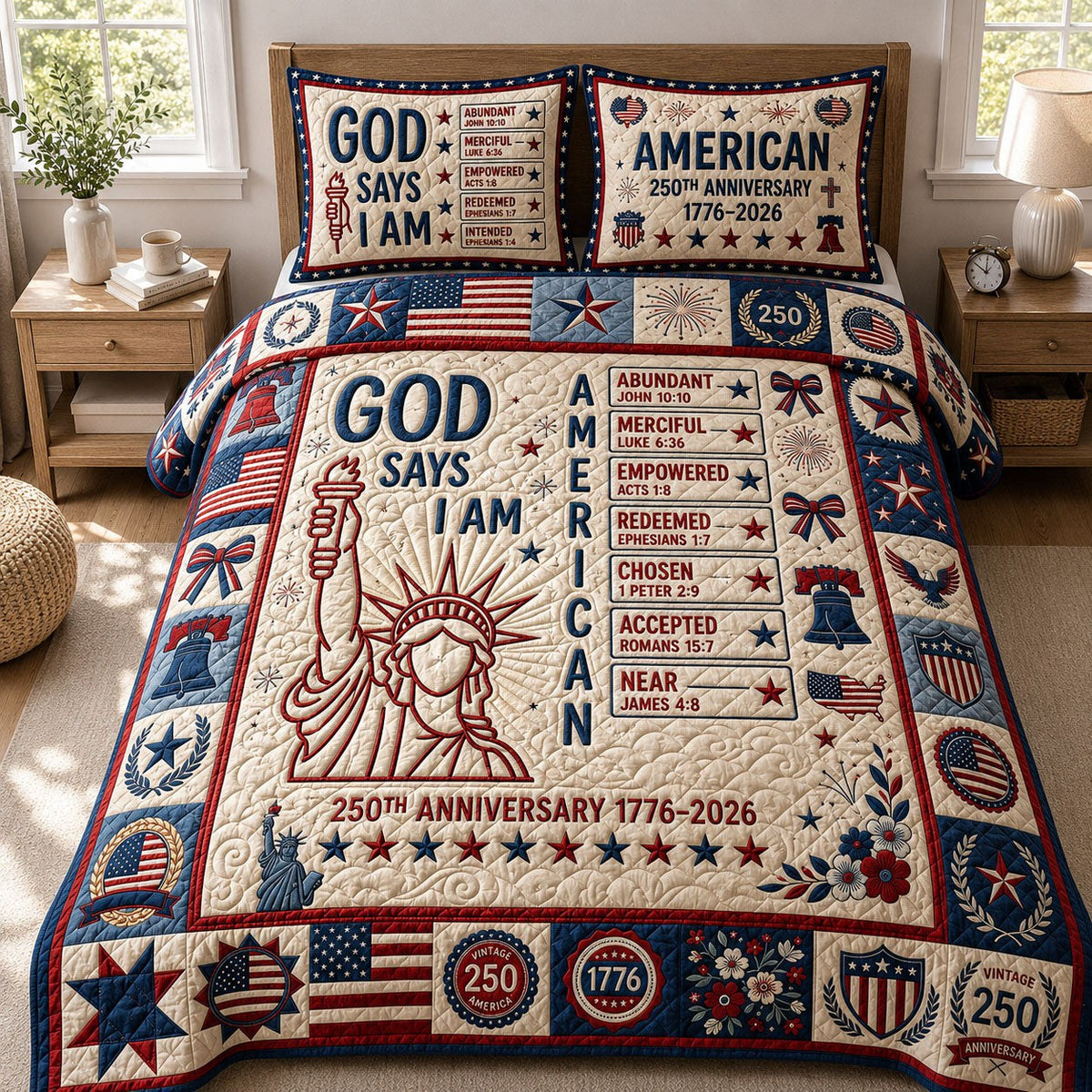 God Says I Am quilted 3-piece bedding set on a made bed in a softly lit bedroom