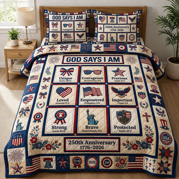 God Says I Am quilted 3-piece bedding set on a made bed in a softly lit bedroom