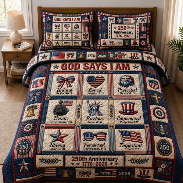 God Says I Am quilted 3-piece bedding set on a made bed in a softly lit bedroom