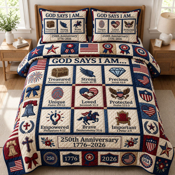 God Says I Am quilted 3-piece bedding set on a made bed in a softly lit bedroom