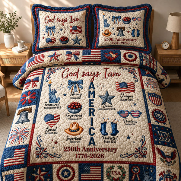 God Says I Am quilted 3-piece bedding set on a made bed in a softly lit bedroom