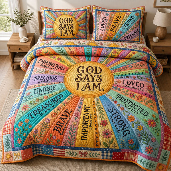 God Says I Am quilted 3-piece bedding set on a made bed in a softly lit bedroom