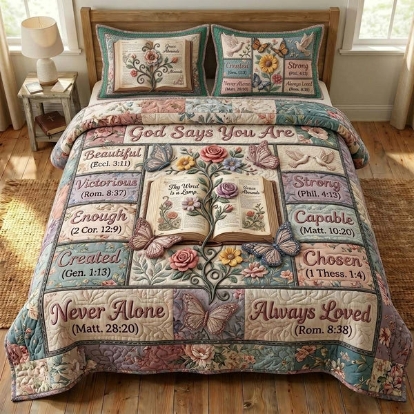 God Says quilted 3-piece bedding set on a made bed in a softly lit bedroom