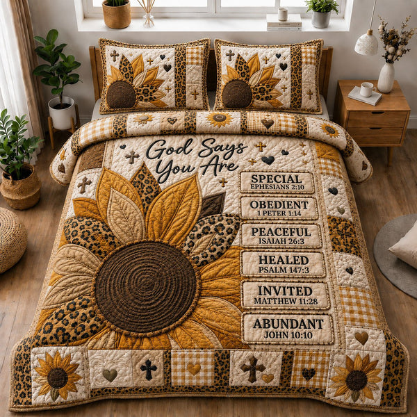 God Says You Are Special Sunflower quilted 3-piece bedding set on a made bed in a softly lit bedroom