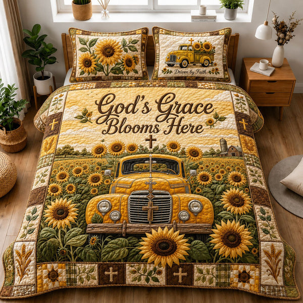 Gods Grace Blooms Here Sunflower Truck quilted 3-piece bedding set on a made bed with two matching pillow shams