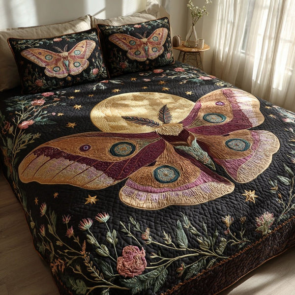 Gold Moon quilted 3-piece bedding set on a made bed with two matching pillow shams