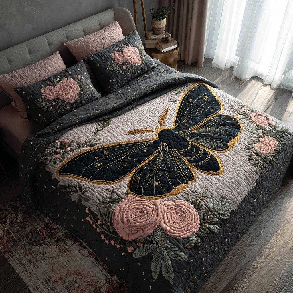 Gold Outline quilted 3-piece bedding set on a made bed with two matching pillow shams