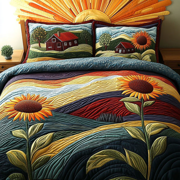 Golden Acres quilted 3-piece bedding set on a made bed with two matching pillow shams