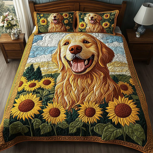 Golden Adventure quilted 3-piece bedding set on a made bed in a winter-styled bedroom