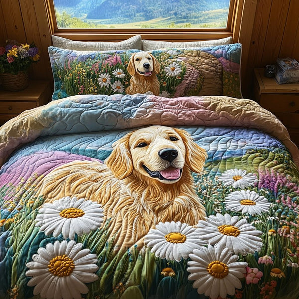 Golden Adventure quilted 3-piece bedding set on a made bed in a winter-styled bedroom