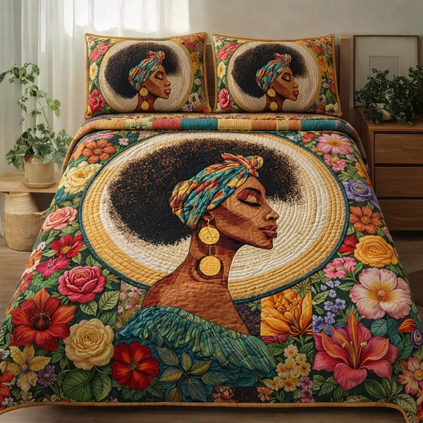 Golden Afro Elegance quilted 3-piece bedding set on a made bed with two matching pillow shams