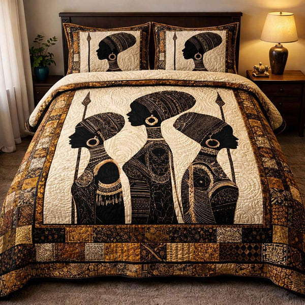Golden Ancestral Spirits quilted 3-piece bedding set on a made bed with two matching pillow shams