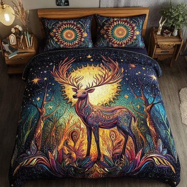 Golden Antler Charm quilted 3-piece bedding set on a made bed with two matching pillow shams