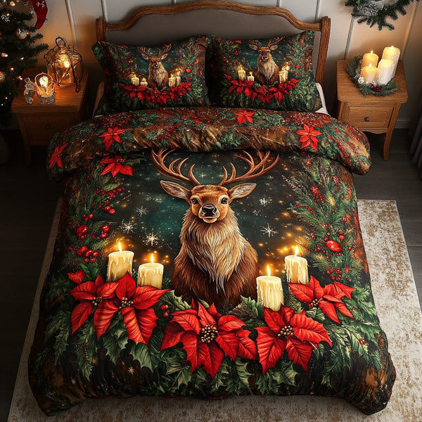Golden Antlers quilted 3-piece bedding set on a made bed with two matching pillow shams